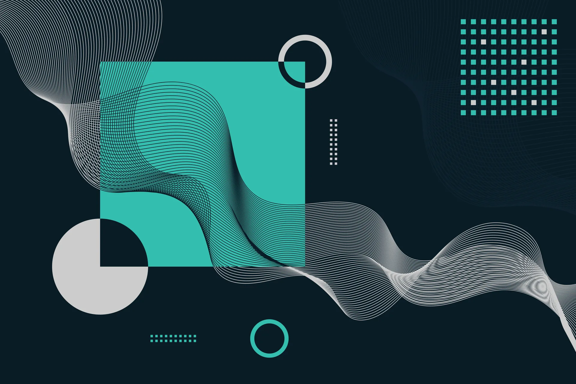 Abstract teal geometric shapes and flowing lines on dark background representing business systemization