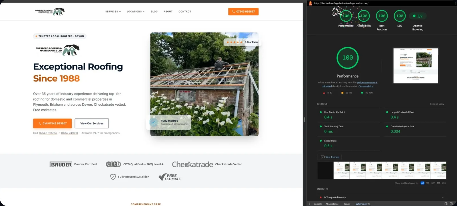 An example Smart Site build scoring 100 for performance, accessibility, best practices and SEO in Google Lighthouse